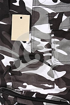 Closeup B&W camouflage pocket pants / shorts with tag