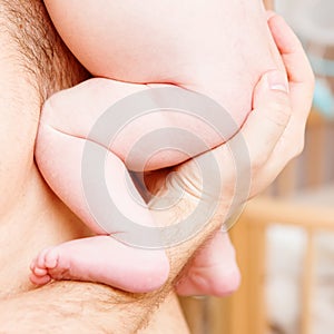 Closeup of baby hand into parents hands