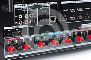 Closeup of the back of an AV receiver