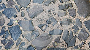 Closeup background texture of old wet pavement. An old cobblestone road for your background. Copy space. Flat lay
