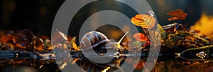 A closeup of a backlit translucent snail crawling on a twig with leaves