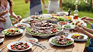 closeup of a backyard dinner table have a tasty grilled BBQ meat, Salads and champagne and happy joyful people on background