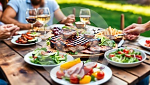 closeup of a backyard dinner table have a tasty grilled BBQ meat, Salads and champagne and happy joyful people on background