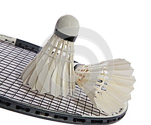Closeup of badminton racket and shuttlecock