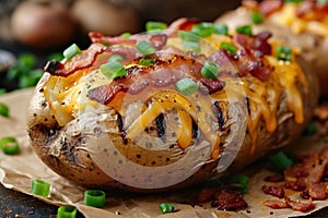 Closeup baked potato in jacket topped with bacon, green onions and cheddar cheese on baking paper