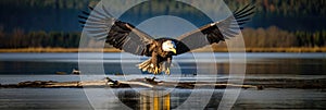 Closeup of a bald eagle taking flight