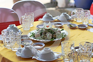 Closeup of balut egg plate on the table in the traditional wedding