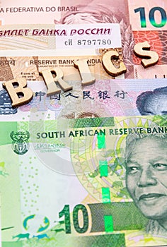 Closeup of banknotes of BRICS countries