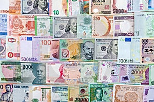 Closeup on banknotes collection from all around world