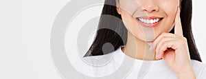 Closeup banner smiling asian woman mouth and white healthy teeth with whitening treatment isolated on white background. Dental