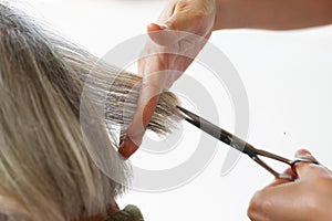 Closeup barber with Scissors cutting hair