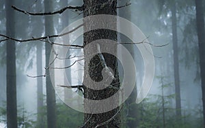 Closeup of a bare tree in a misty forest in Vogelsberg, Germany photo