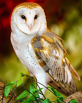 Closeup of Barn owl looking at the camera while perched on a branch