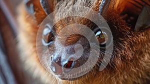 Closeup of a bats face with dull sunken eyes and thinning fur. Whitenose syndrome not only affects the external features