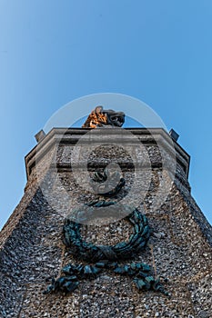 Closeup of the Bavarian lion in the harbor entrance of the island Lindau at the Lake Constance in Bavaria, Germany