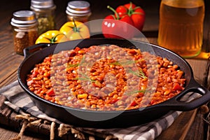 closeup of bbq baked beans inside a rustic pan