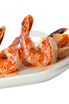 Closeup of BBQ shrimp skewers