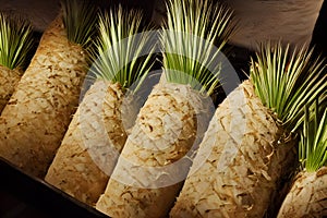 Closeup of beaked yucca (rostrata) plants on a wooden background