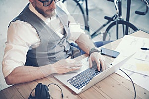 Closeup Bearded Businessman Wearing White Shirt Waistcoat Working Modern Studio Startup Project.Creative Young Guy Using