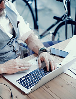 Closeup Bearded Businessman Wearing White Shirt Waistcoat Working Modern Studio Startup Project.Creative Young Guy Using