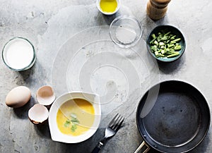 Closeup of beated eggs preparing to be cooked
