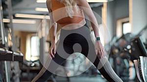 Serious sport woman making tilts at gym. Fit girl doing exercises in sport club photo