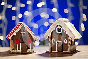 Closeup of beautiful gingerbread houses at home