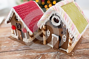 Closeup of beautiful gingerbread houses at home