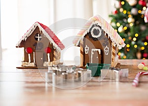 Closeup of beautiful gingerbread houses at home