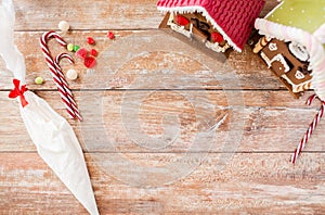 Closeup of beautiful gingerbread houses at home