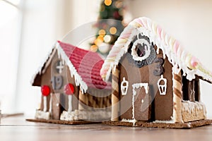 Closeup of beautiful gingerbread houses at home