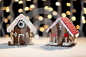 Closeup of beautiful gingerbread houses at home