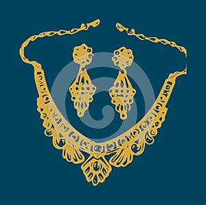 Closeup of beautiful indian gold jewelleries for women wear editable outline illustration
