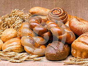 Closeup of a beautiful still-life from bread, pastry products wi