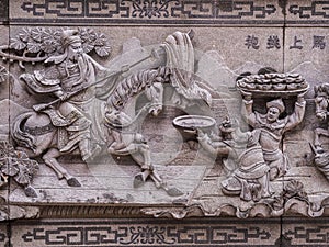 Closeup beautiful wall carving about Guan Yu at Sun Moon Lake Wen Wu Temple.