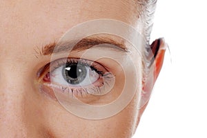Closeup beautiful woman eye with long lashes