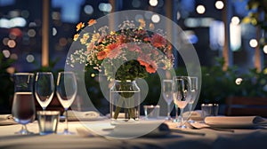 A closeup of a beautifully set table with a crisp white linen tablecloth and delicate silverware. A vase filled with