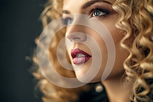 Closeup Beauty portrait of curled hair blonde girl in studio with dark background