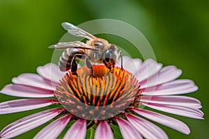Closeup of bee delicately perched on colorful blooming flower