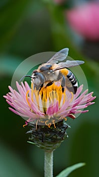 Closeup of bee delicately perched on colorful blooming flower photo