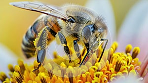 Closeup of a bee struggling to pollinate a flower its tiny body visibly weakened and struggling due to the toxicity of photo