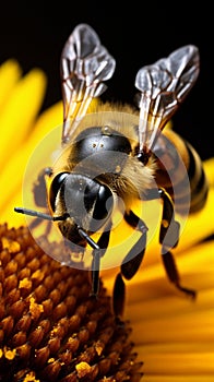 Closeup bee on sunflower, natures pollination captured