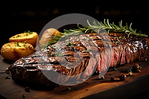 closeup of beef steak medium rare, with spices and potatoes, on a wooden board