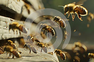 closeup of bees returning to a wooden hive