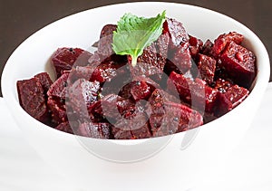Closeup of Beetroot curry or thoran gravy,vegetarian dish from South India.Top vew,isolated on dark background