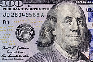 Closeup of Ben Franklin on a one hundred dollar bill for background II