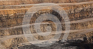 Closeup of benches cut at opencast coal mine