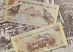 Closeup of Bhutan 5 ngultrum banknote.