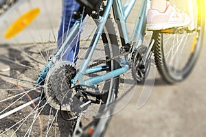 Closeup of a bicycle gears mechanism and chain on the rear wheel of mountain bike.