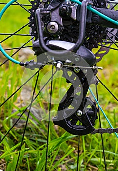 Closeup of a bicycle gears mechanism and chain on the rear wheel of mountain bike.